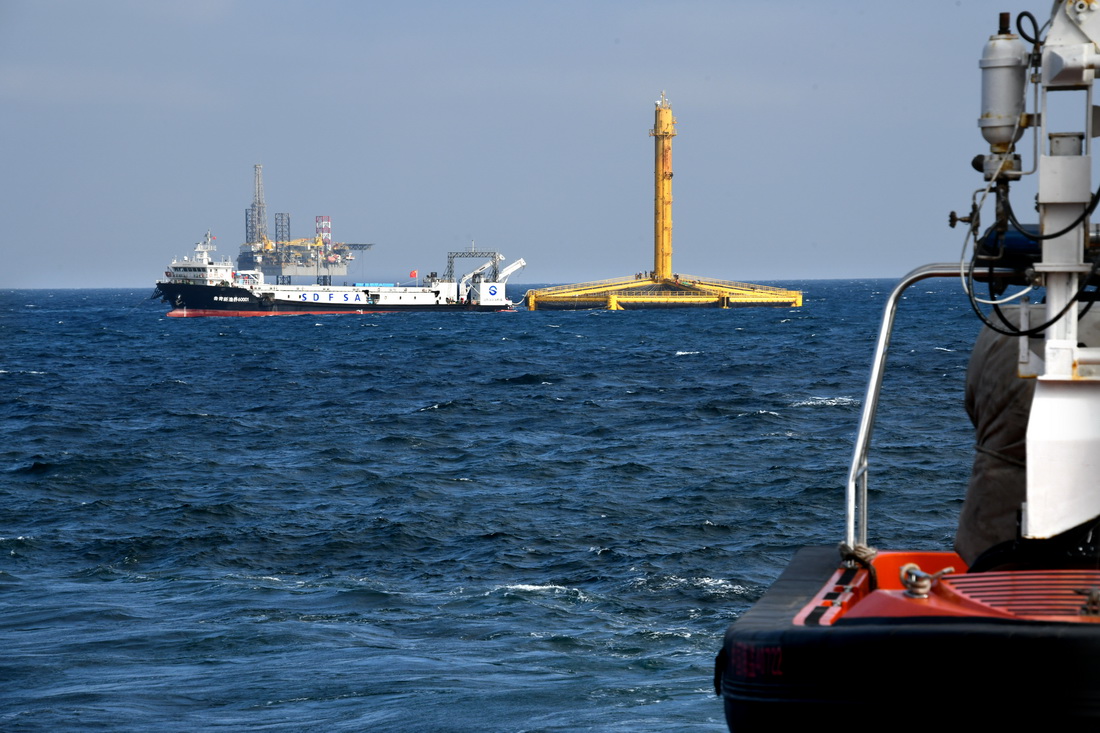 在青島國家深遠海綠色養殖試驗區，養殖工船在“深藍1號”網箱旁進行收魚作業（6月7日攝）。新華社記者 李紫恆 攝
