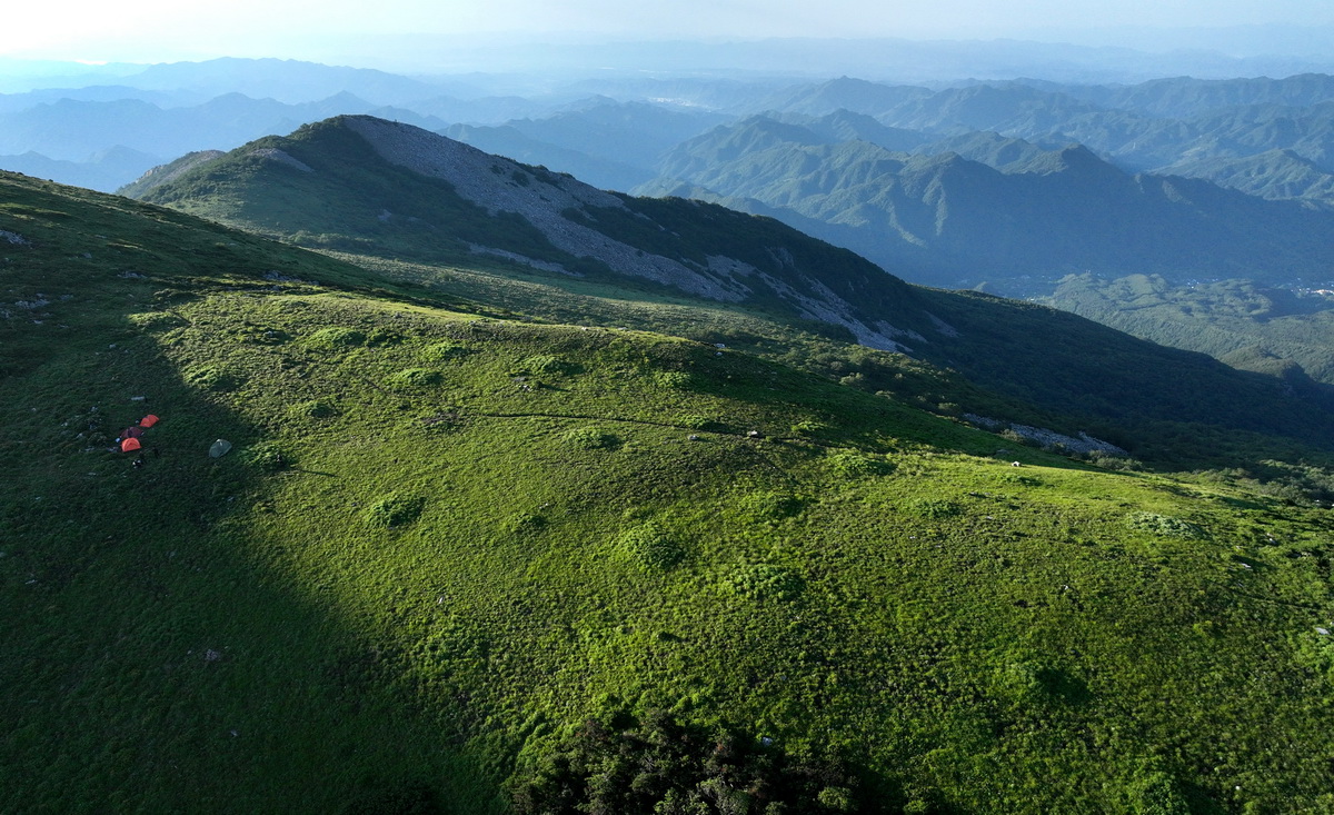 6月29日，陽光照耀在草鏈嶺厚厚的草甸上（無人機照片）。