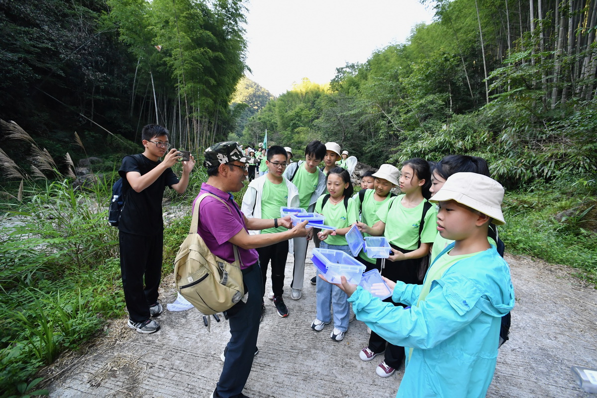 7月23日，在武夷山國家公園大竹嵐，自然導師引導參加活動的中小學生將捕捉的昆虫就地放生。