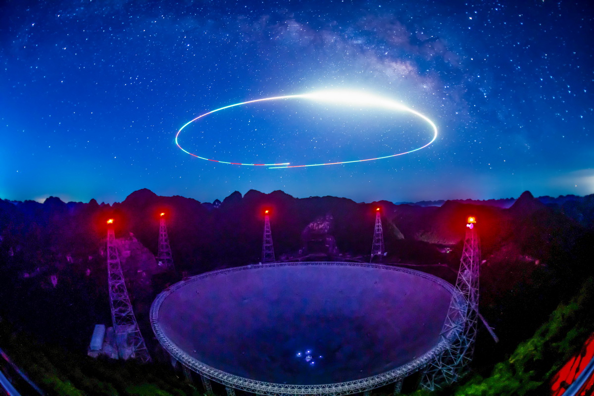 銀河下的“中國天眼”全景（無人機光繪照片，2022年7月24日維護保養期間拍攝）。