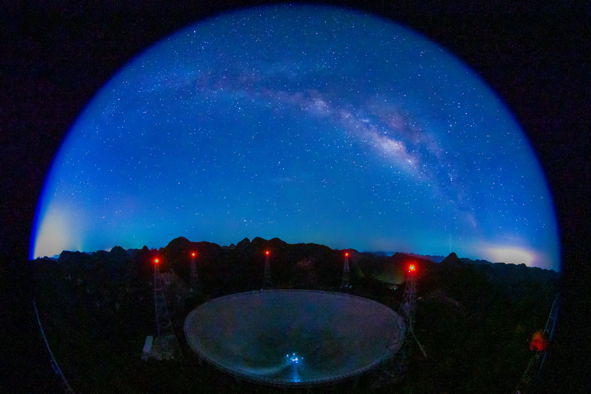 銀河下的“中國天眼”全景（2022年7月24日維護保養期間魚眼鏡頭拍攝）。