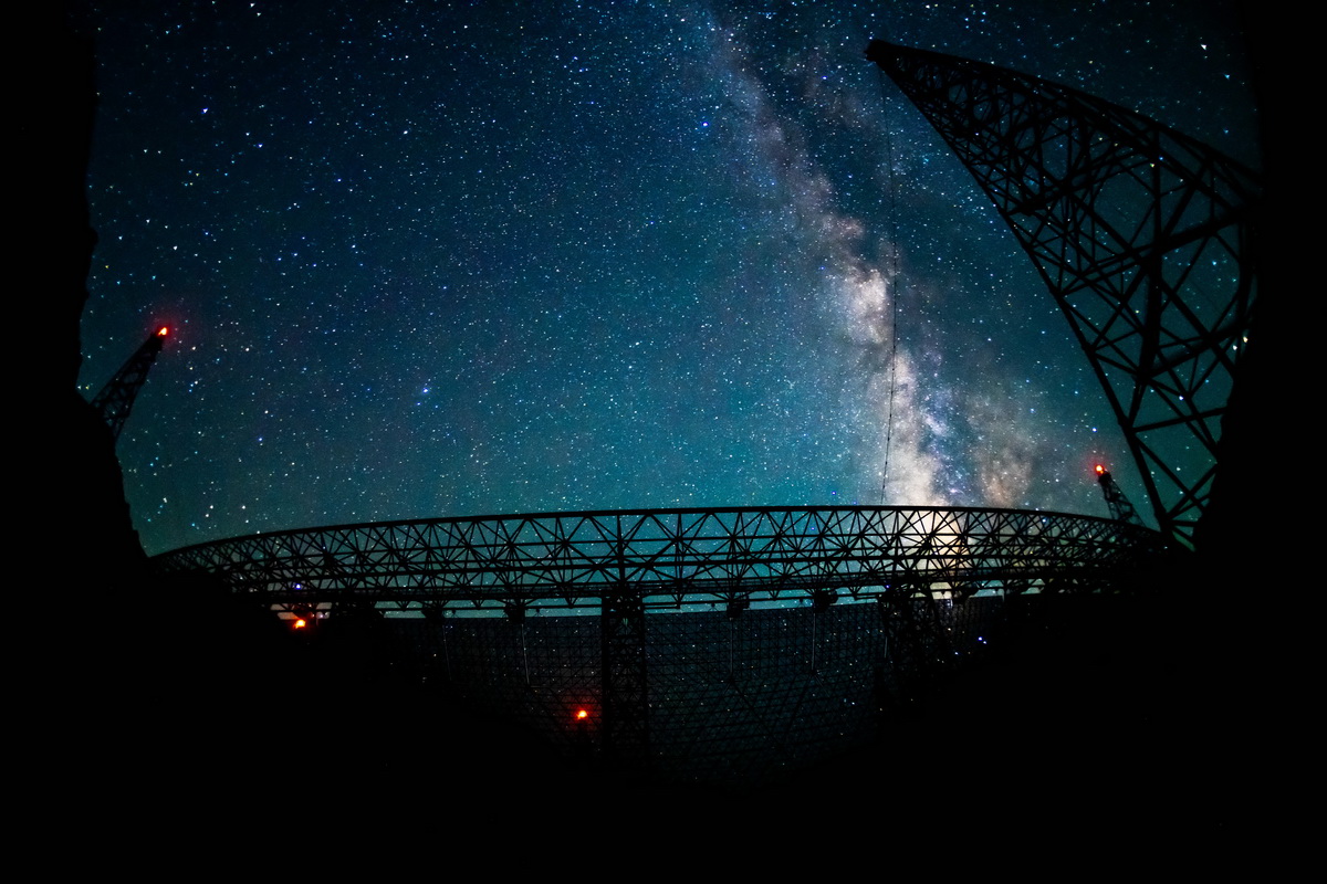 銀河下的“中國天眼”（2022年7月25日維護保養期間拍攝）。