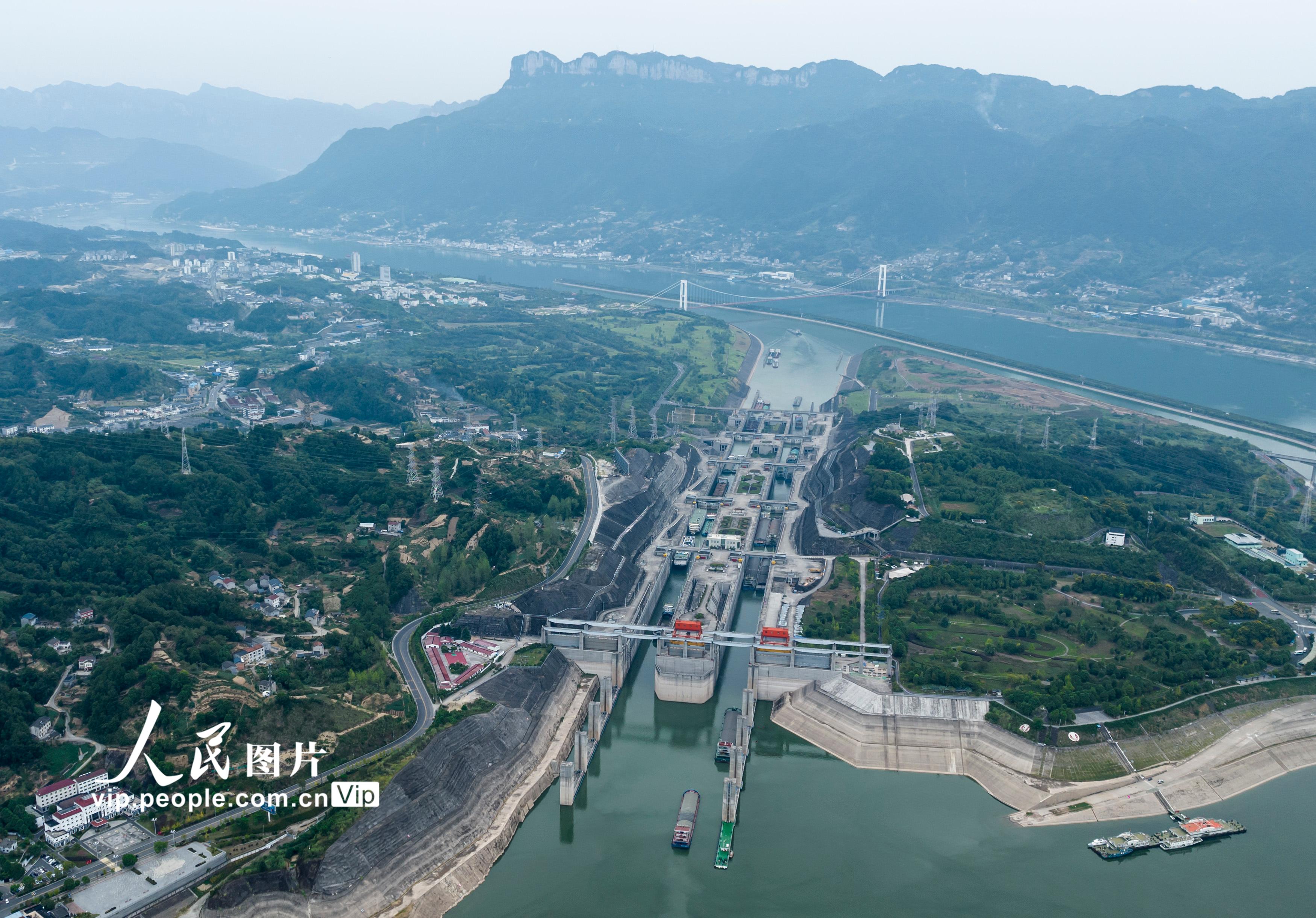 2022年9月8日，湖北宜昌，船舶有序通过三峡双线五级船闸。