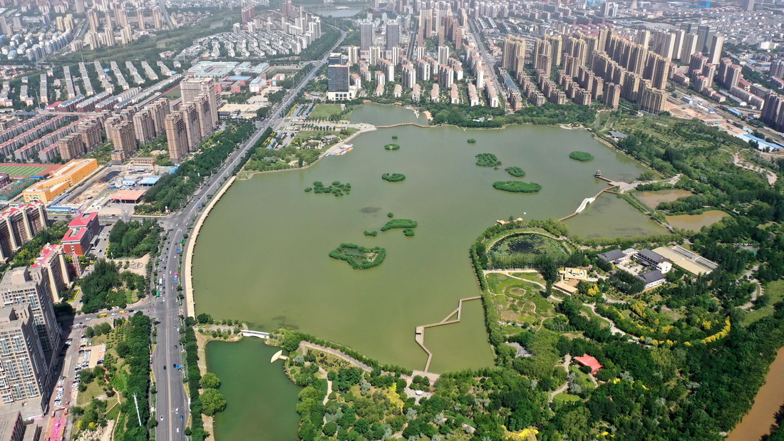 寧夏銀川市寶湖國家城市濕地公園（2021年6月7日攝，無人機照片）。 新華社記者 王鵬 攝