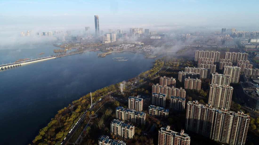 這是2022年11月12日拍攝的寧夏銀川市閱海國家濕地公園（無人機照片）。 新華社記者 王鵬 攝
