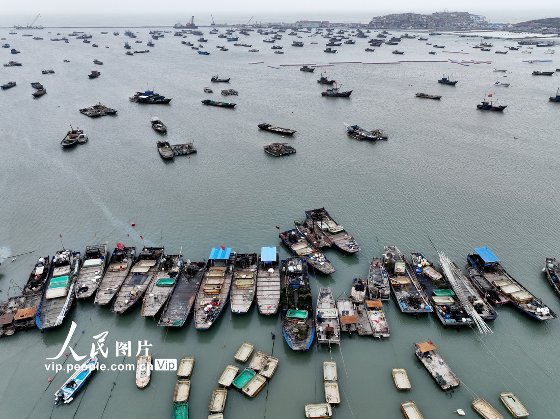 2022年11月27日，渔船停泊在江苏省连云港市连岛中心渔港码头港湾躲避寒潮大风。