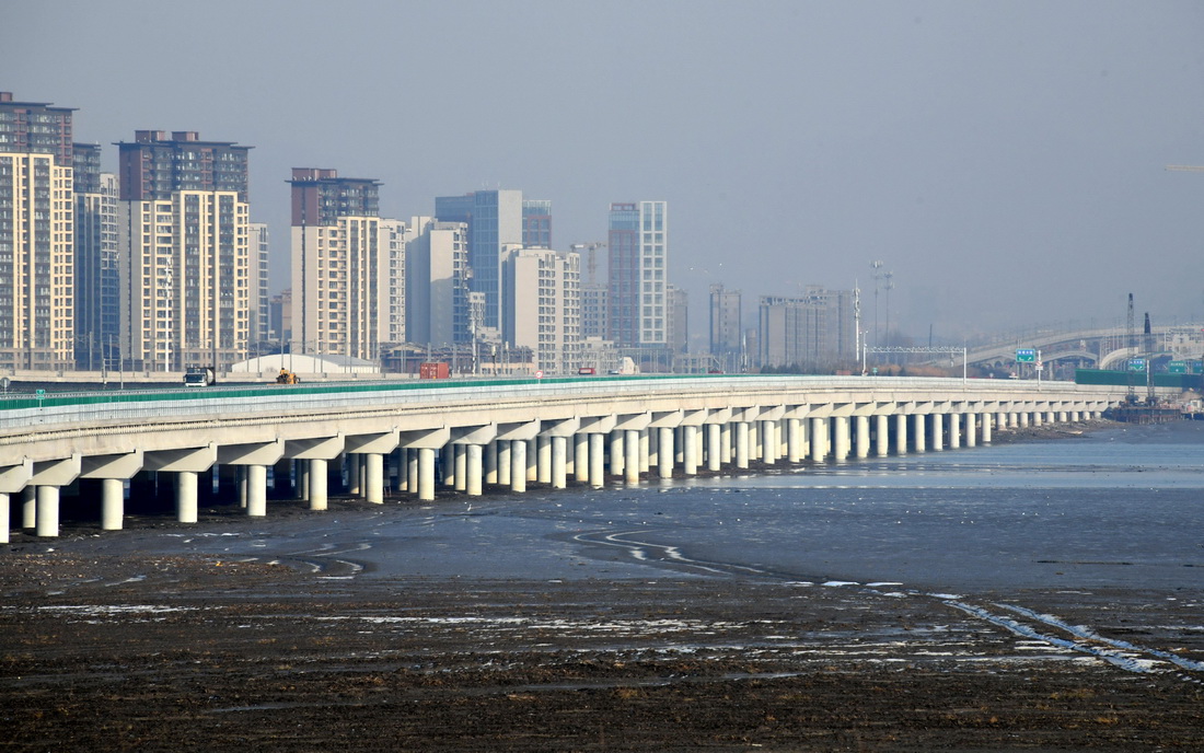 这是12月30日拍摄的建成通车的青兰高速公路改扩建工程女姑口跨海特大桥。
