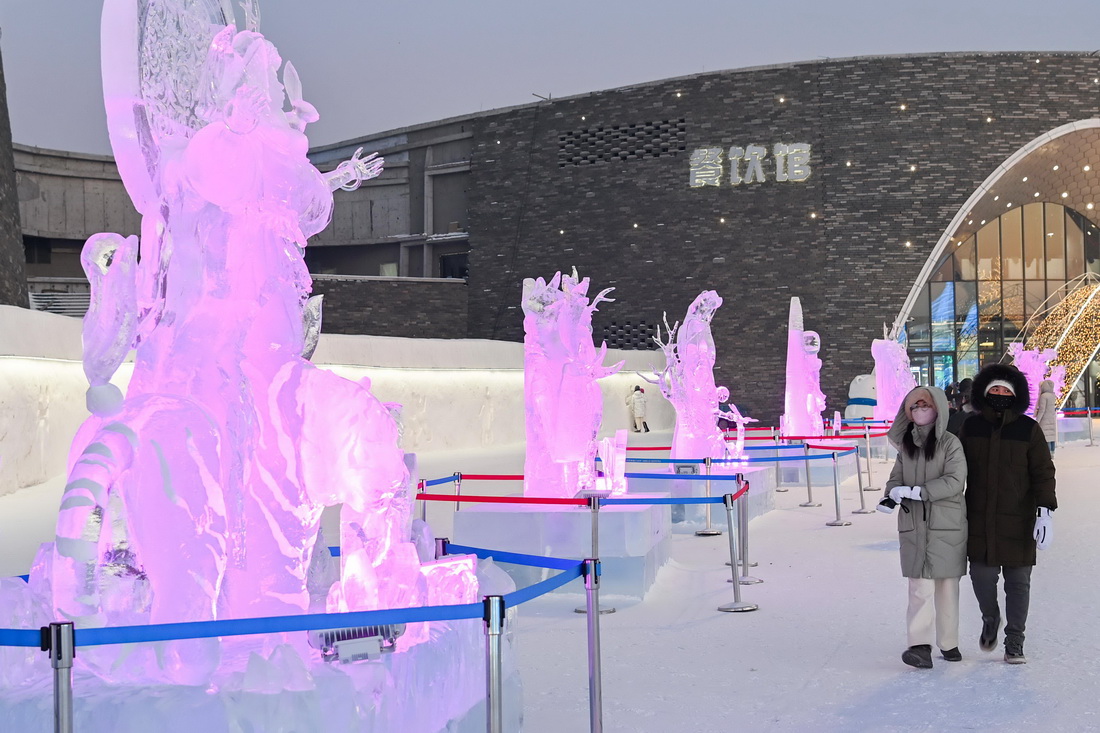 1月5日，游客在哈尔滨冰雪大世界园区欣赏冰雕作品。新华社记者 谢剑飞 摄