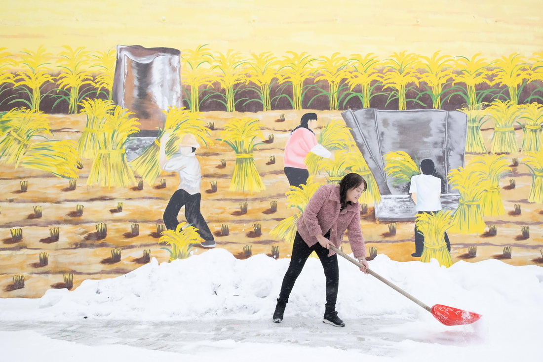 1月12日，在黑龍江省漠河市北紅村“遠方故裡”民宿，負責人張翠花在清理積雪。新華社記者 張濤 攝