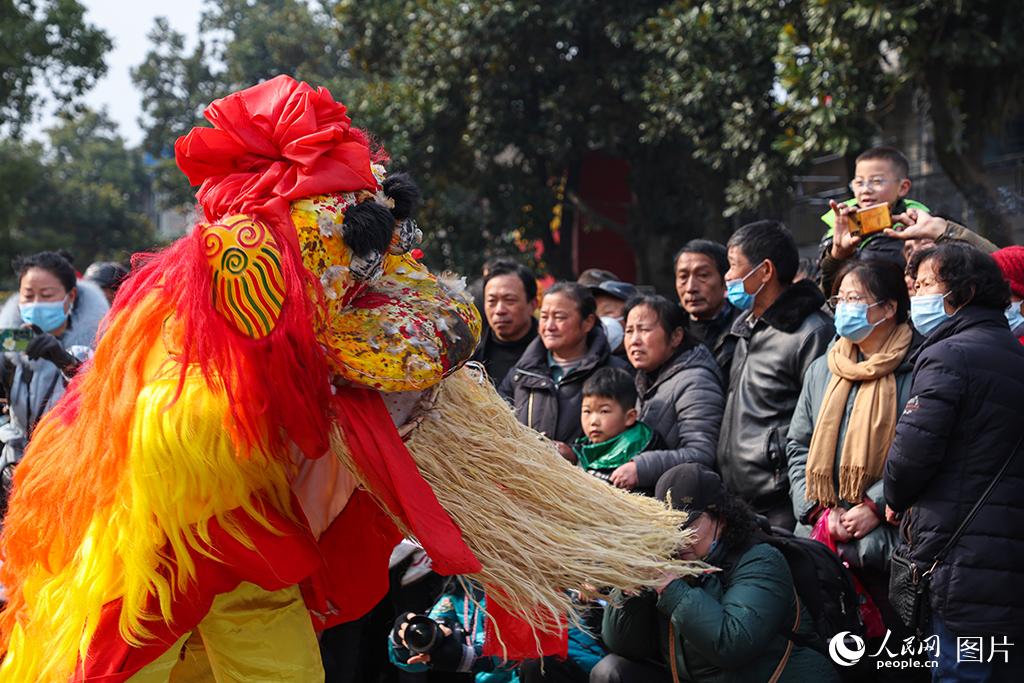 2月4日，安徽南陵縣三裡鎮峨嶺村，精彩的獅子舞表演吸引市民游客駐足觀賞。人民網 張俊攝