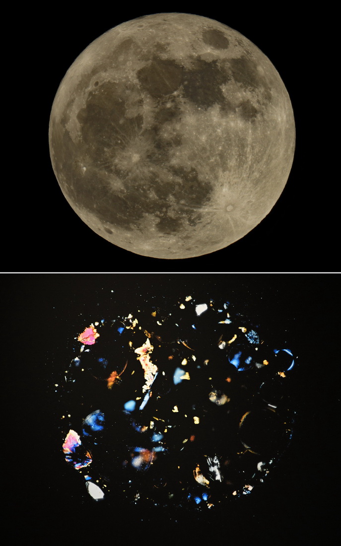 這是一張拼版照片，上圖為2022年6月14日拍攝的“超級月亮”（新華社發 胡攀學攝）﹔下圖為2023年4月19日拍攝的展出中的月壤顆粒正交偏光顯微照片。新華社發