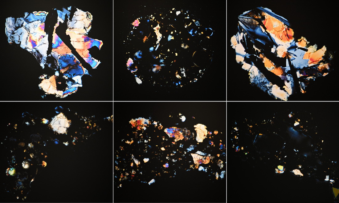 這是一張拼版圖片，圖中照片為4月19日拍攝的展出中的不同月壤顆粒正交偏光顯微照片。新華社發