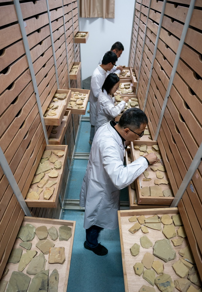 10月11日，雲南大學古生物研究院研究員劉煜（前）帶領學生在化石存放庫裡挑選化石。