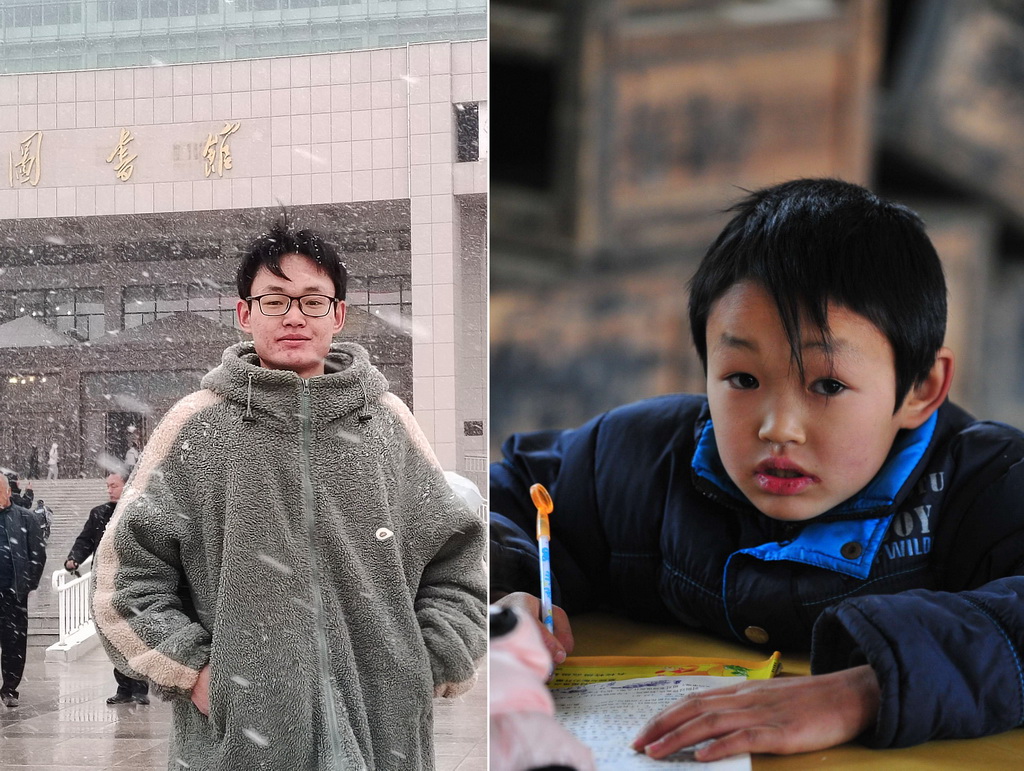 拼版照片：左圖為21歲的梁玉鋒在就讀的西北民族大學圖書館前（2024年2月28日，史大全攝）﹔右圖為9歲的梁玉鋒在大源小學教室裡上課（2012年1月9日，新華社記者 黃孝邦 攝）。