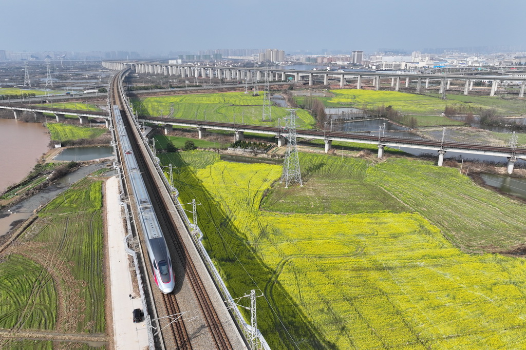 2024年3月2日，一輛高鐵列車從江西省南昌市南昌縣一處油菜花田旁駛過（無人機照片）。新華社記者 金良快 攝