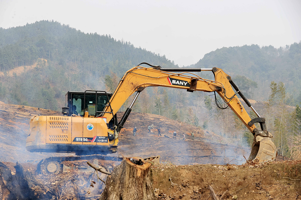 在廣西柳州市融安縣大坡鄉六局村，一台挖掘機在整理山地，准備種植油茶樹苗（3月7日攝）。新華社發（譚凱興 攝）