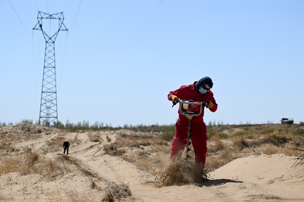 4月11日，植樹工人在達拉特旗境內的庫布其沙漠裡鑽孔，以種植沙柳苗。新華社記者 梁婉珊 攝