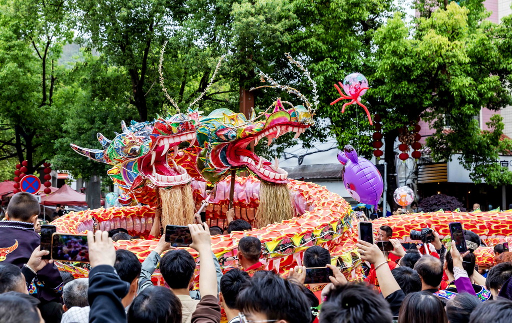 4月21日，人們在台江縣苗族姊妹節進行舞龍表演。新華社發（范暉攝）