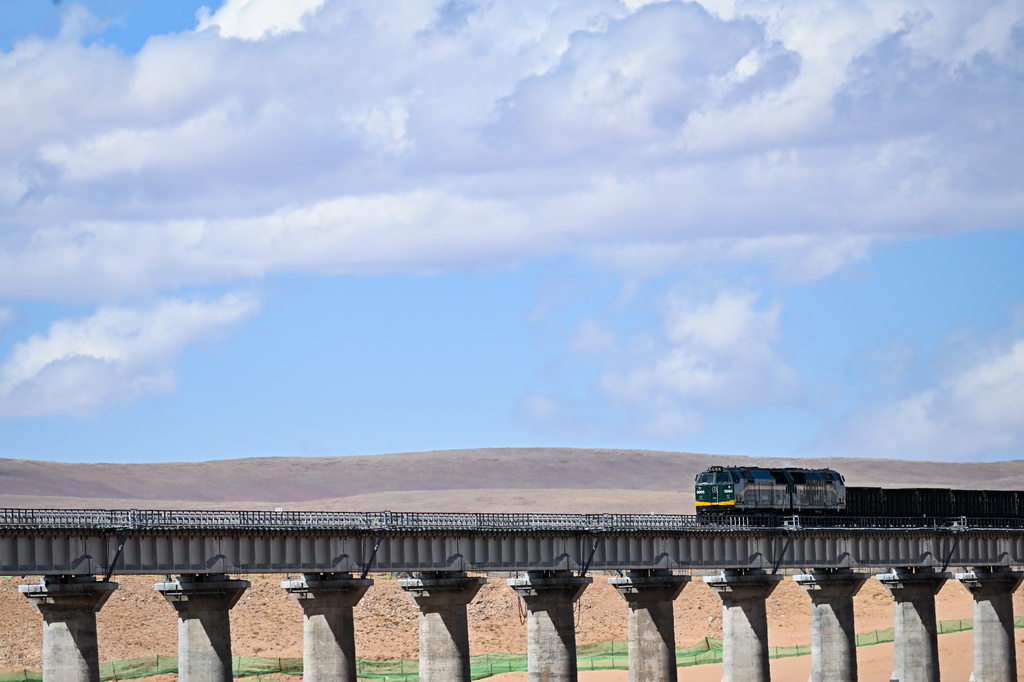 列车行驶在青藏铁路沱沱河大桥上（5月26日摄）。