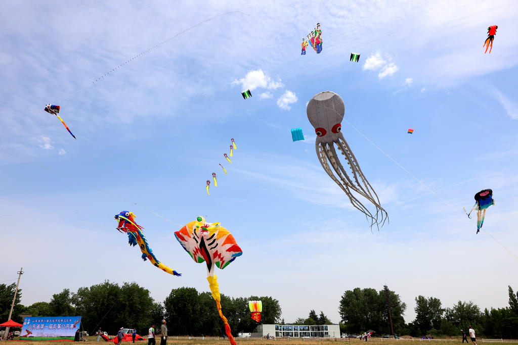 6月2日，參賽選手在比賽現場放飛風箏。