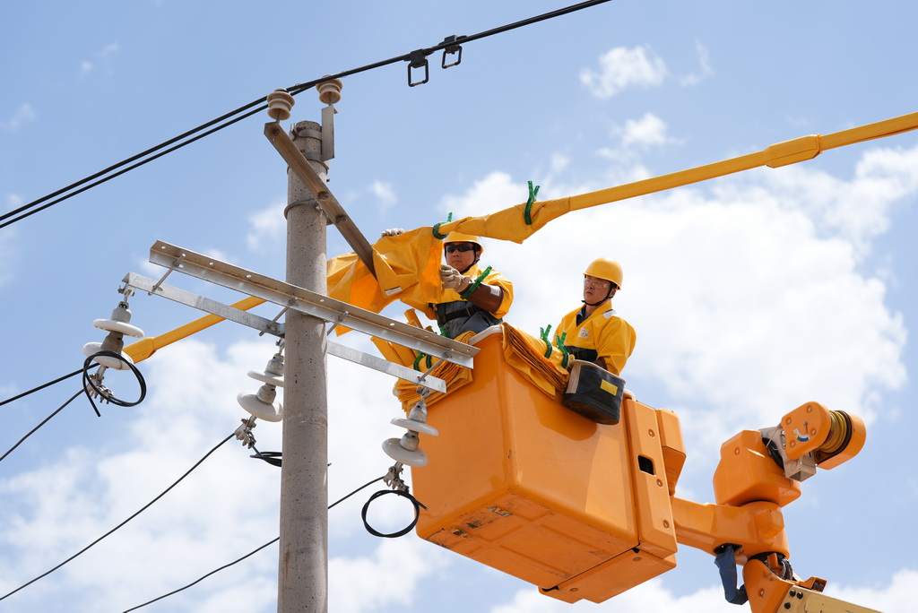 6月11日，国网银川供电公司带电作业中心员工在进行带电作业。