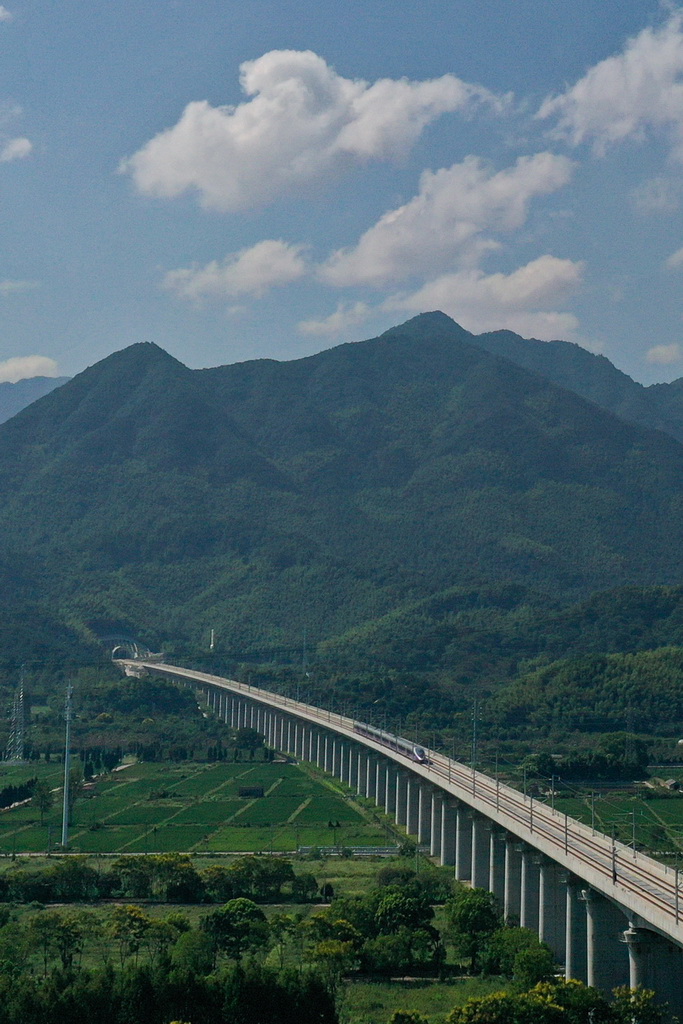 9月6日，G9505次高鐵列車行駛在杭州市桐廬縣境內的杭溫高鐵跨杭黃鐵路特大橋上（無人機照片）。新華社記者 黃宗治 攝