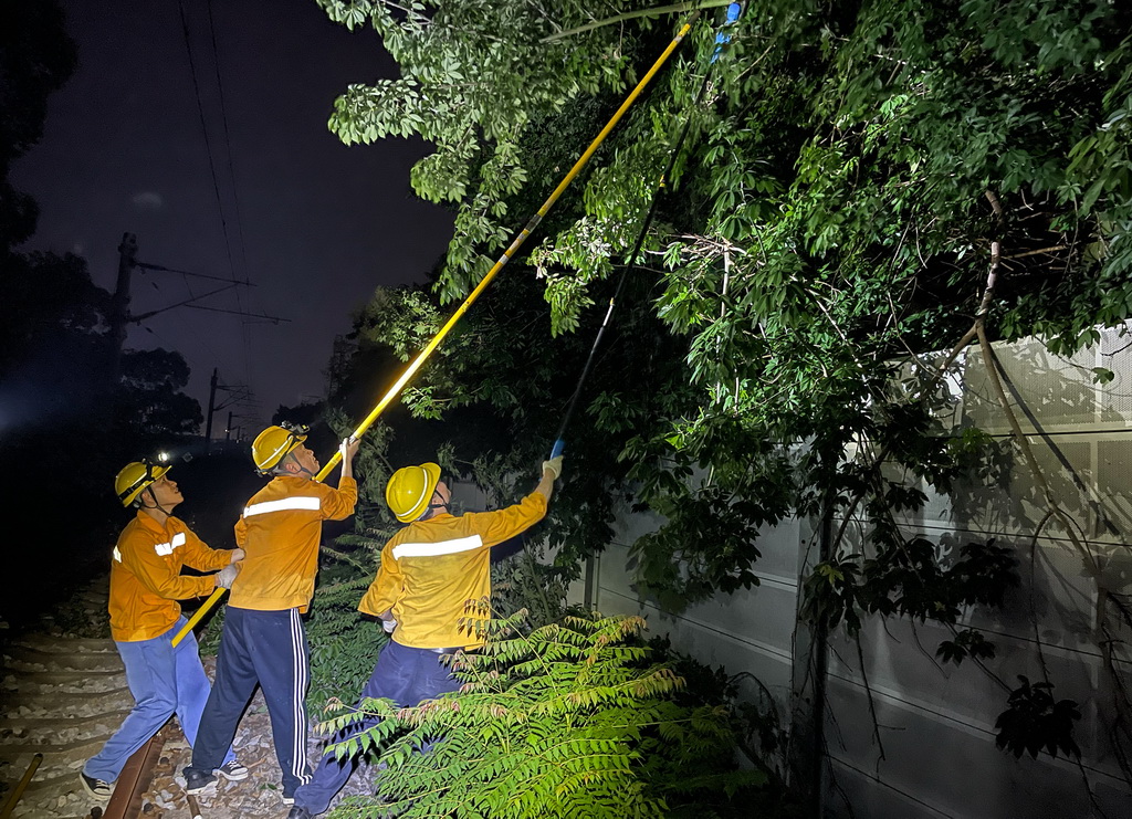 9月6日凌晨，欽州供電段接觸網工人在巡查清理鐵路沿線樹枝。