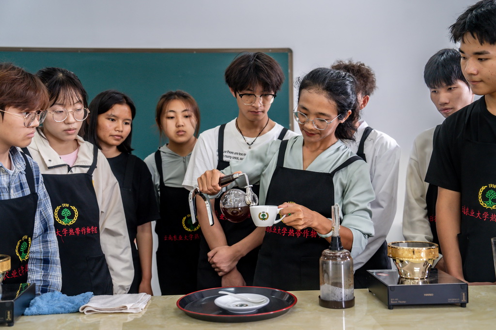 9月10日，雲南農業大學熱帶作物學院教師陳雲蘭（右三）在給咖啡專業的學生上咖啡認知課。