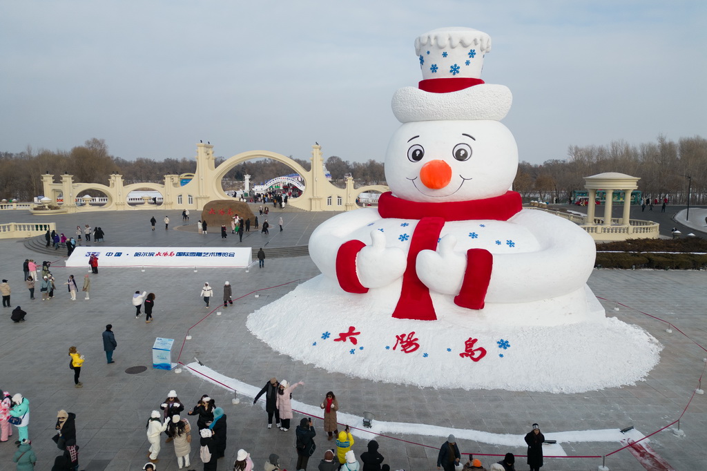 12月23日，人们在第37届太阳岛国际雪雕艺术博览会上游览（无人机照片）。新华社记者 张涛 摄