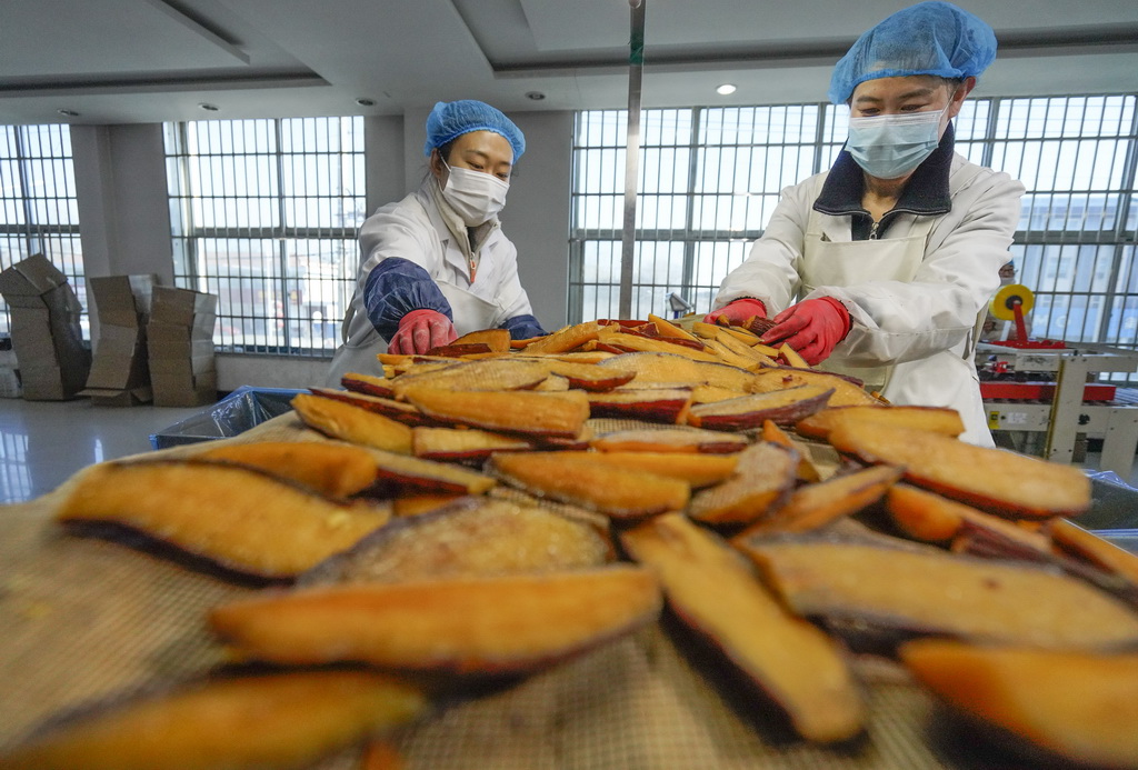 1月2日，工人在河北省遵化市苏家洼镇一家食品加工企业的车间整理红薯干。新华社发（刘满仓摄）