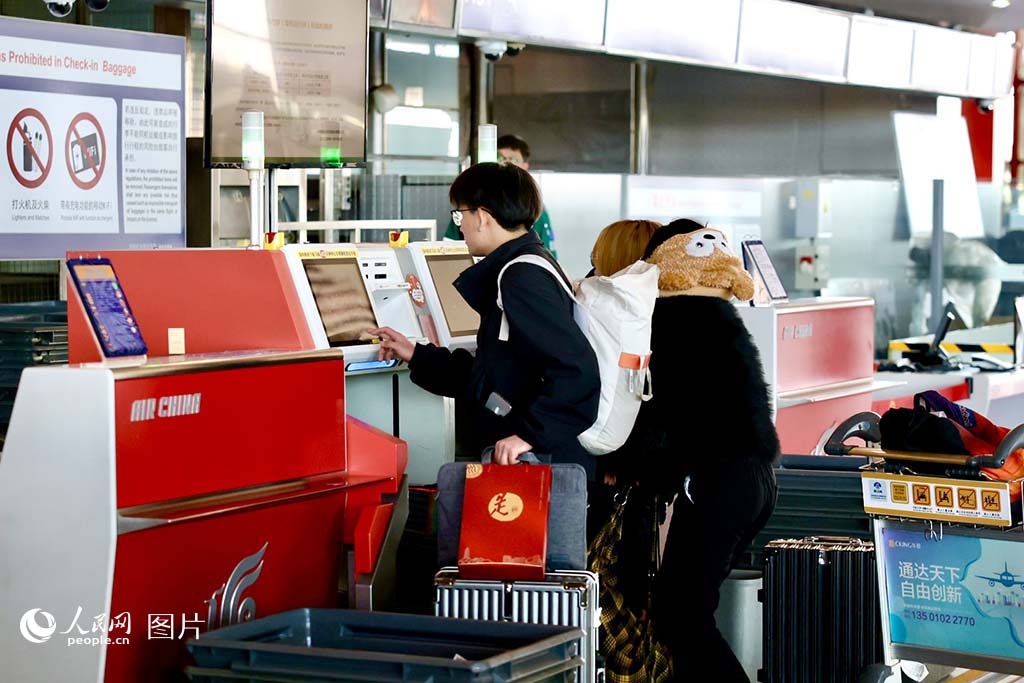 2025年春运首日，北京首都机场T3航站楼内乘坐飞机出行的旅客明显增加，乘机旅客正在查询航班信息。人民网 李世奇摄