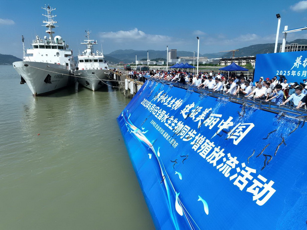 6月6日，在福建省福州市闽江入海口举行的全国水生生物同步增殖放流主会场活动中，嘉宾在投放鱼苗（无人机照片）。