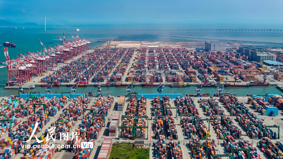 2025年6月7日，广州南沙港集装箱码头，停泊着超大型集装箱船，桥吊作业一派繁忙。