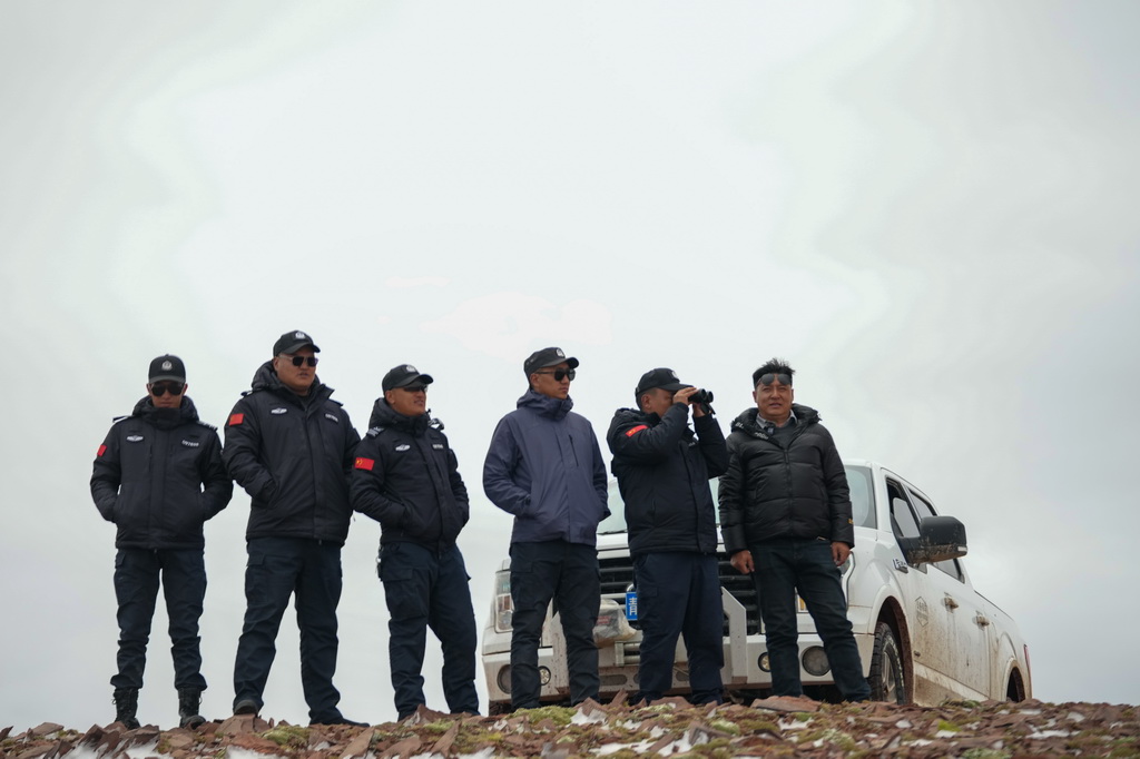 巡山隊員在可可西裡卓乃湖附近巡護（7月3日攝）。