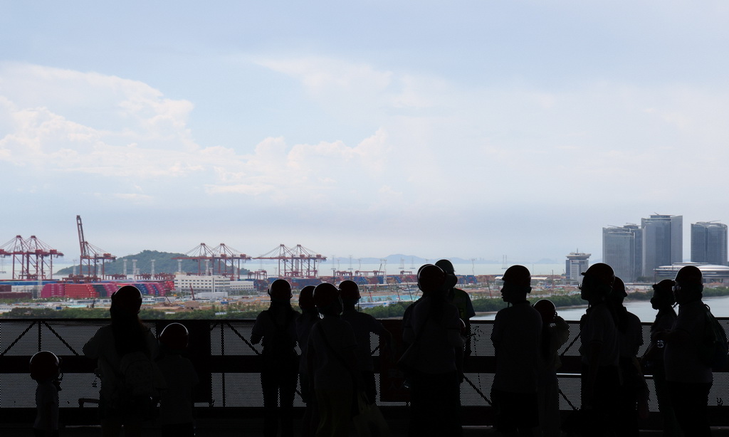7月8日，“小候鳥”家庭在前海博物館項目建設現場眺望前海灣。