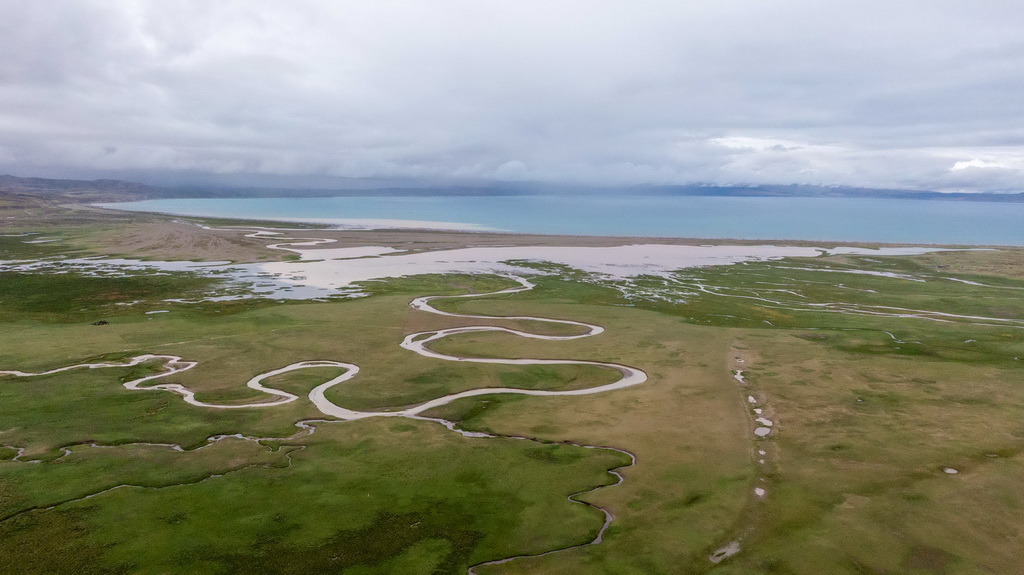 7月22日拍摄的玛旁雍错湿地一景（无人机照片）。