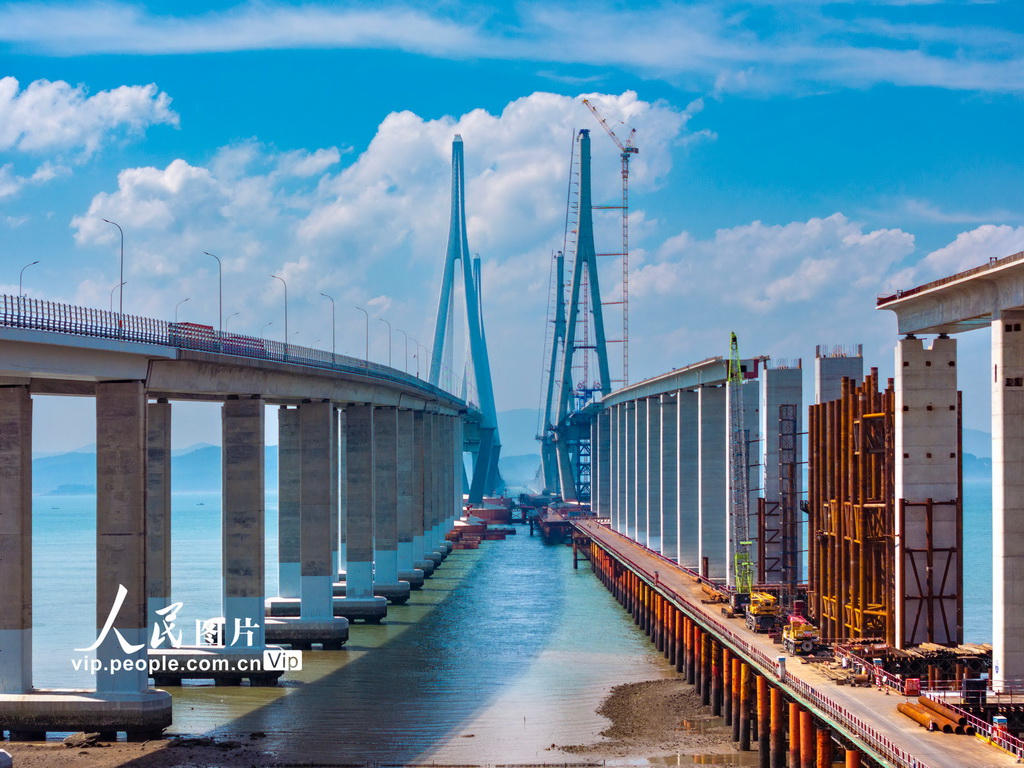 8月8日,建設中的浙江省寧波市象山港跨海大橋。