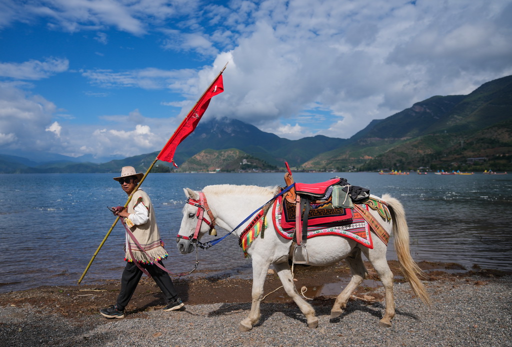 9月16日，一名当地男子赶着马转山。