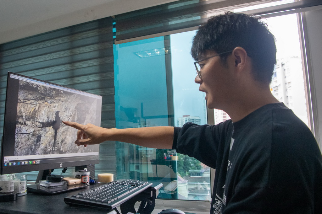 9月23日,在重庆金佛山国家级自然保护区管理事务中心,工作人员李新通过视频分析黑叶猴生活习性。