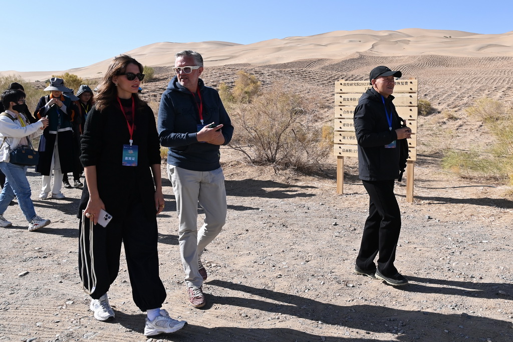 10月12日，外国嘉宾参观了解莫高窟风沙环境综合治理项目。新华社记者 范培珅 摄