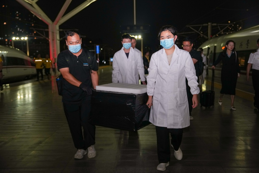 9月10日，在长沙子弹库战国帛书从北京运抵长沙南站后，工作人员搬运装有长沙子弹库战国帛书的箱子。