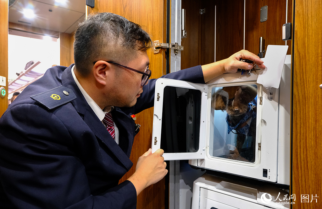 高鐵運行中工作人員巡視寵物實時動態情況。