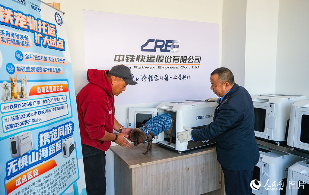 攜寵游客與工作人員交接寵物。