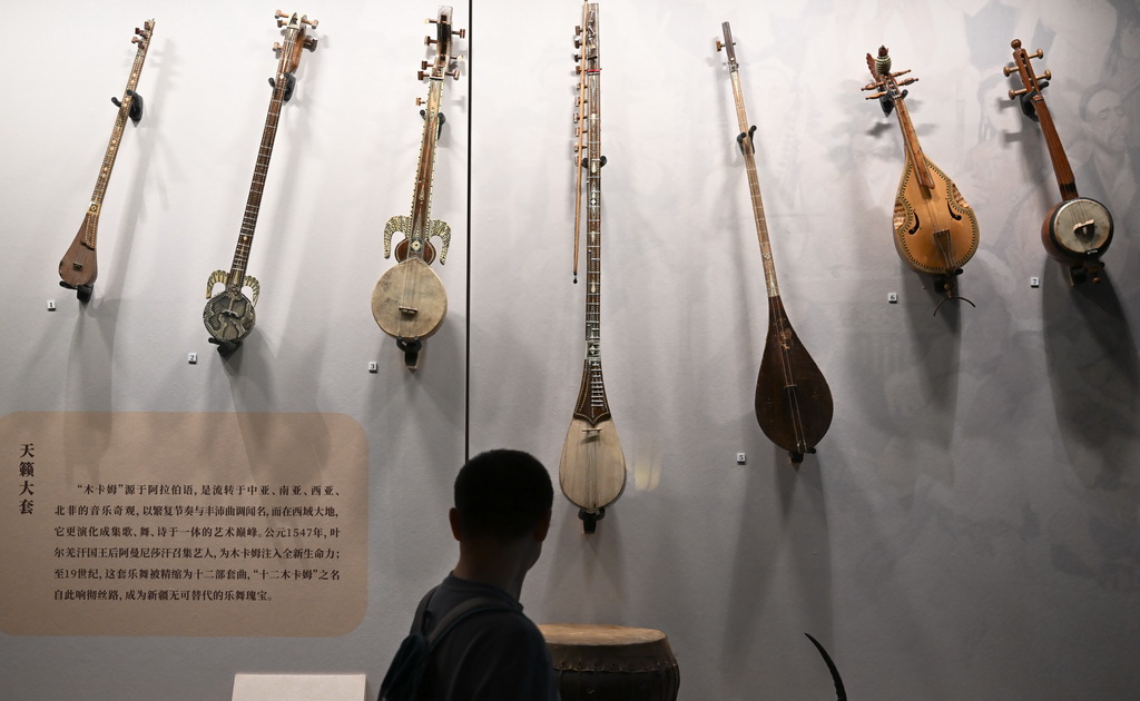 11月29日，参观者观看展出的乐器木卡姆。