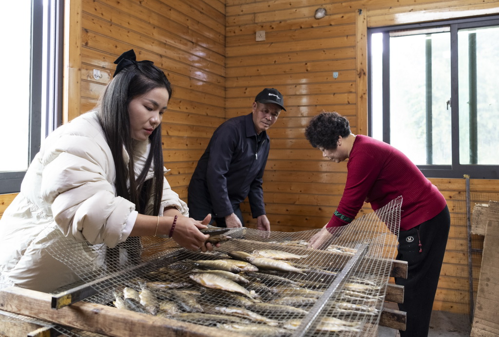 12月3日，赤溪村村民在烤制香魚。