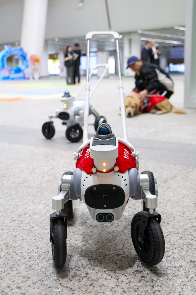 這是12月13日在深圳地鐵黃木崗交通樞紐拍攝的智能導盲犬“小蒜”。