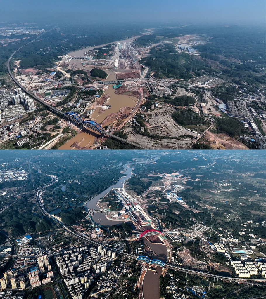 拼版照片：上图是2024年10月9日拍摄的钦江单线铁路桥（无人机照片）；下图是2025年12月17日拍摄的钦江铁路双线特大桥（无人机照片）。新华社记者 张爱林 摄