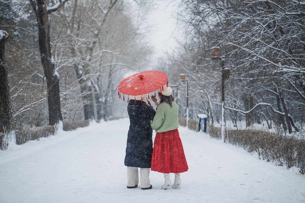 12月23日，市民在長春市南湖公園內觀賞雪景。