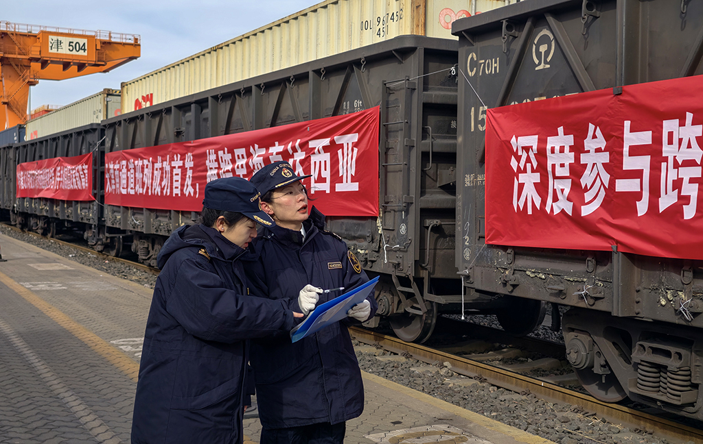 1月19日，海关工作人员对出发前中亚班列进行巡查检验。杨宝森摄