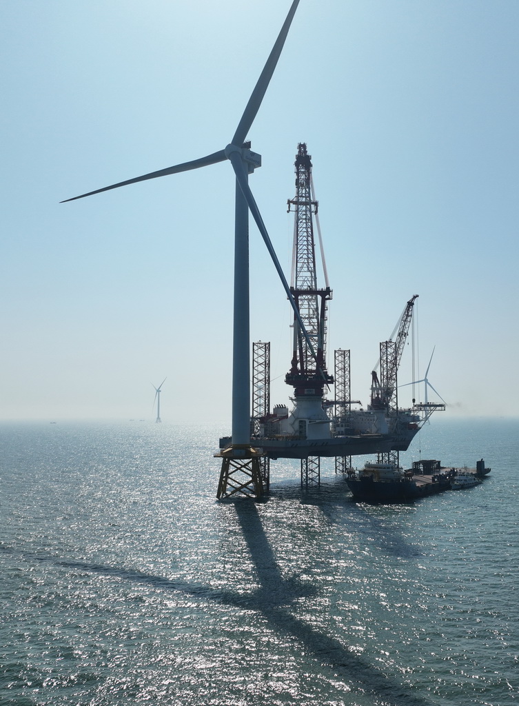 这是1月13日在闽南海域拍摄的20兆瓦海上风电机组和“大桥海风”号2000吨自升式海上风电安装平台(无人机照片)。